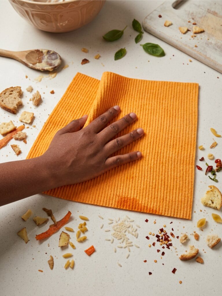 Hand using bright XL los lappie orange microfiber cloth to wipe food crumbs, rice, pasta, and spices from white kitchen countertop, with bowl and cutting board in background
