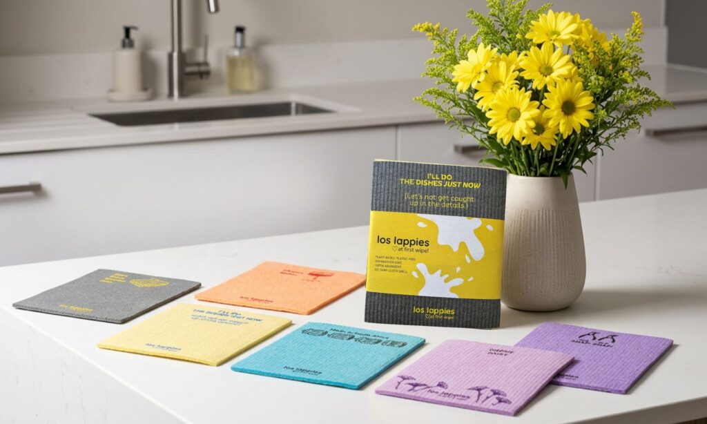 OG los lappies set of 4 reusable cellulose cloths in yellow, charcoal and cream prints on a kitchen counter.